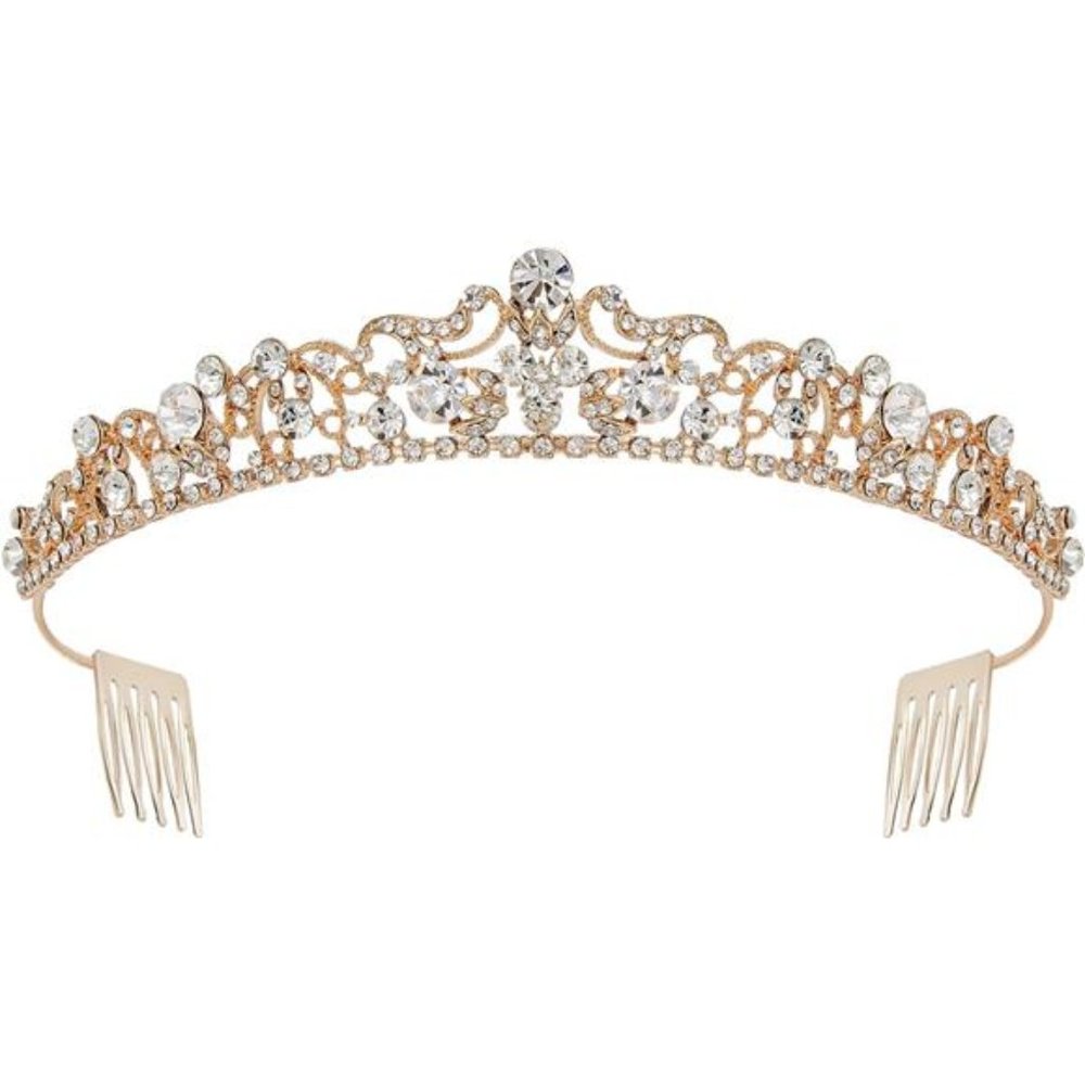 Rose Gold Wedding Tiaras and Crowns with Side Comb, Rhinestone Bridal Crown